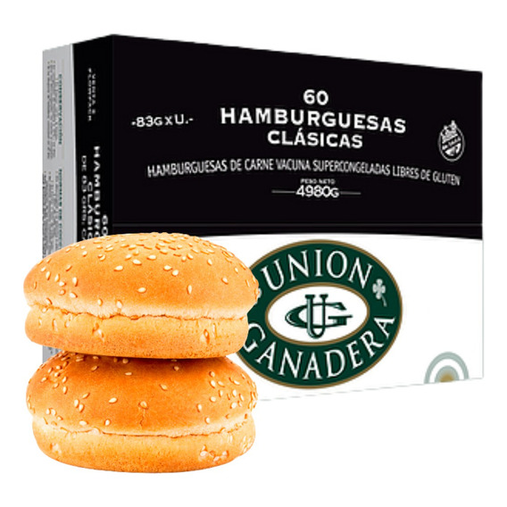 60 Hamburguesas Unión Ganad 100% Carne + Pan Fargo + Aderezo