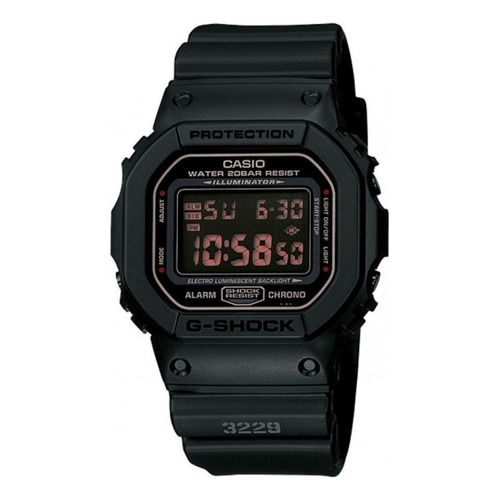 Reloj de pulsera Casio G-Shock DW5600 de cuerpo color negro, digital, fondo negro, con correa de resina color negro, dial salmón, minutero/segundero salmón, bisel color negro, luz azul verde y hebilla simple