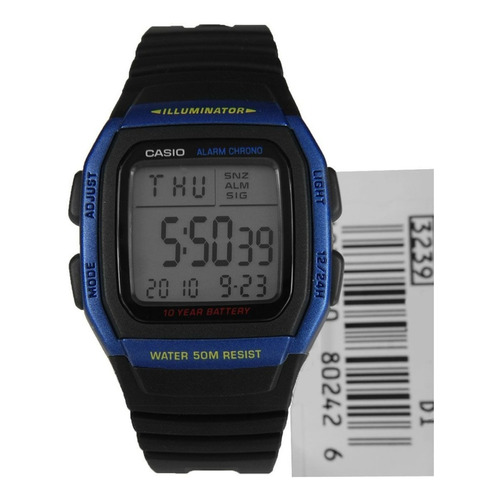 Reloj Casio para hombre, modelo W-96H-2avdf, color de correa negro/azul, color de bisel negro, color de bisel azul, color de fondo gris