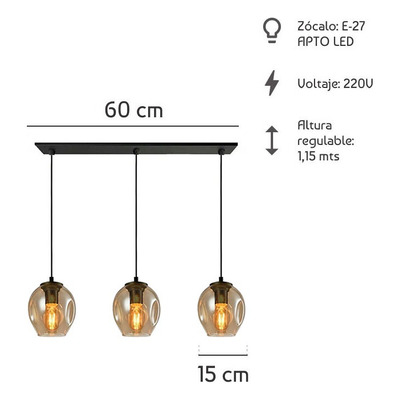 Colgante 3 Luces Ástrid Ambar Apto Led Vidrio Moderno Cie