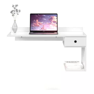 Mesa De Computador Notebook Suspensa Parede Com Prateleiras Cor Branco