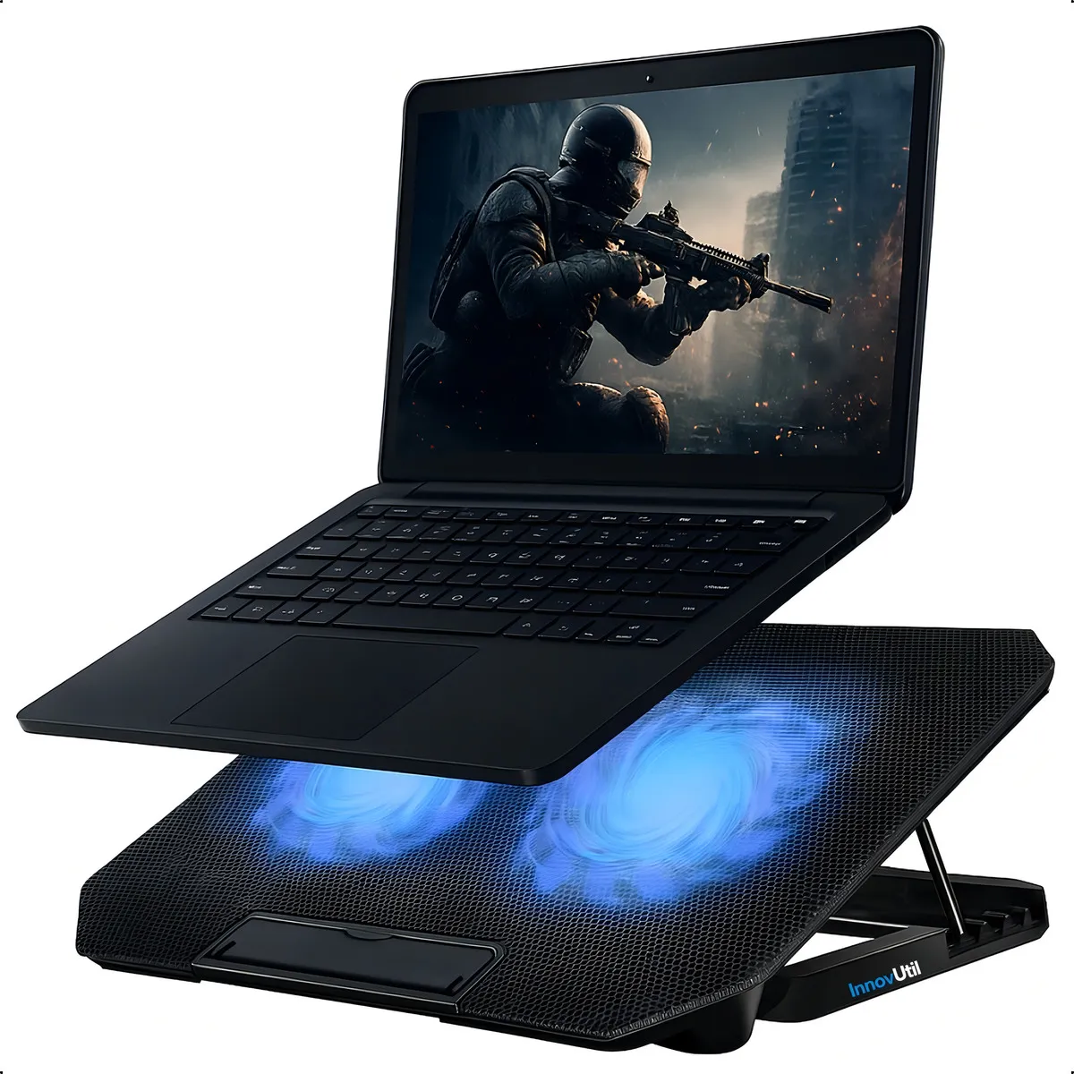 suporte para notebook coolcold com 2 cooler ventoinhas base mesa led refrigerada ventilação silenciosa cor preto led azul laptop notebook ate 17 polegadas