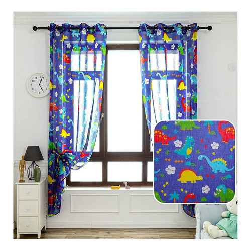 Pack 2 Cortinas Visillos 140 x 230 Más Juego De Sábanas Dinosaurio