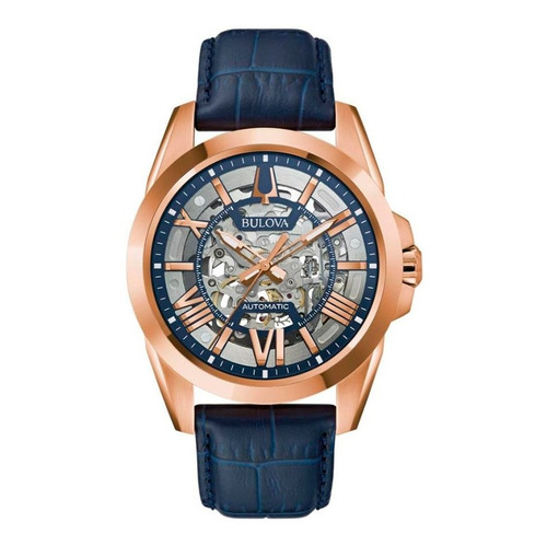 Reloj Bulova Sutton Original Automatic Piel Azul Para Hombre Correa Azul marino Bisel PVD Oro Rosa Fondo Gris/Azul