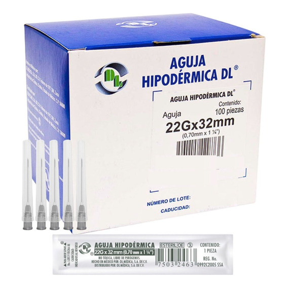 Aguja HiPodérmica Calibre 22x32 Negra Caja Con 100 Capacidad en volumen 1 mL