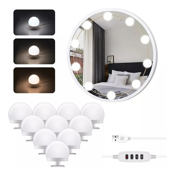 Luces Led Usb P/espejo Camarin 10 Focos Maquillaje Adhesivas