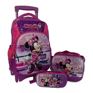 Morral Mochila Con Ruedas Mini Mouse + Lonchera+ Cartuchera 