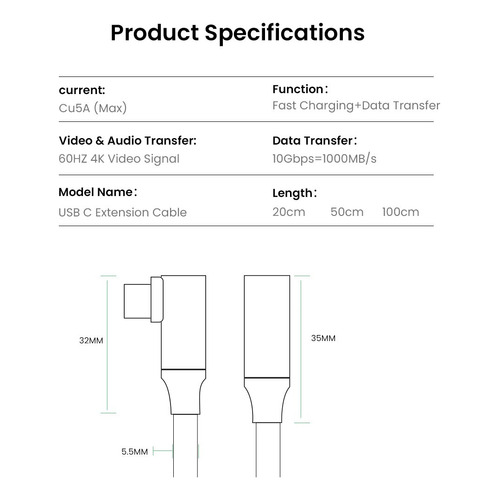 Cable Alargador Extensión Usb Tipo C Tipo C 1 M Pd 5a Nylon Color Gris