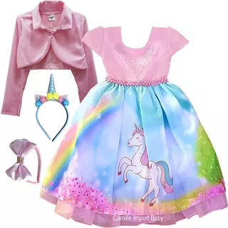 Vestido Infantil Unicornio Festa Com Bolero E 2 Tiaras