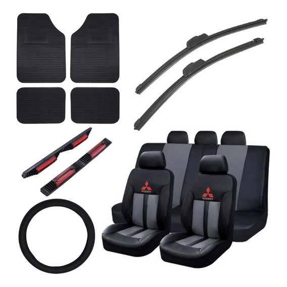 Kit Funda Ecocuero Negro Gris Mitsubishi+ Alfombras+regalos 