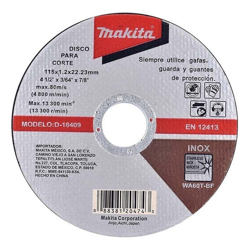 Disco Corte Acero Inoxidable 4 1/2''x1.2mm D-18409 Makita
