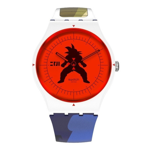 Reloj de pulsera Swatch Dragon Ball Z Vegeta x Swatch de cuerpo color blanco, analógico, fondo rojo, con correa de silicona color azul, agujas color rojo y negro, dial negro, minutero/segundero negro y hebilla simple