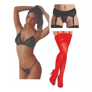 Conjunto Sexy Corpiño Y Cola Less+ Portaligas + Medias Combo