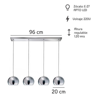 Colgante 4 Luces Cromo 20cm Iluminación Moderna Apto Led