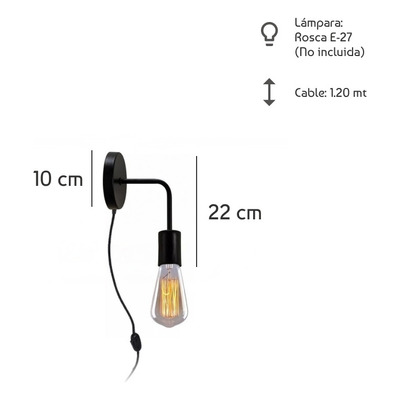 Aplique Vintage Negro Apto Led Con Cable Velador Luz Desing 