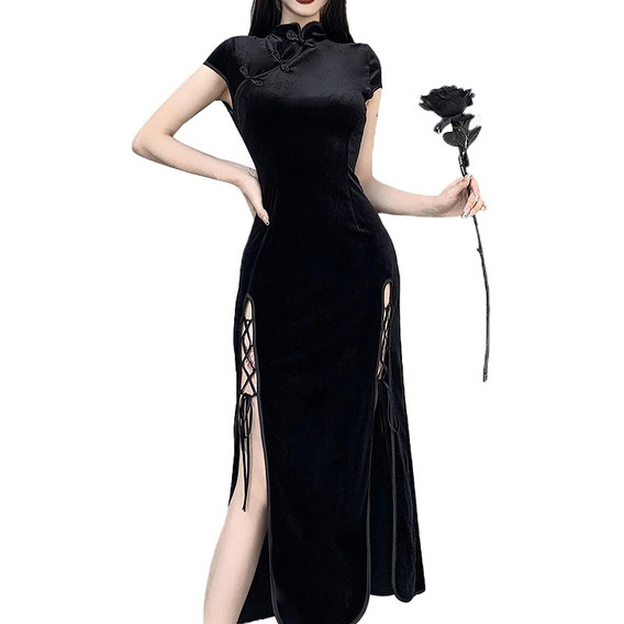 Vestido Cheongsam De Manga Corta Gótico Oscuro Para Mujer