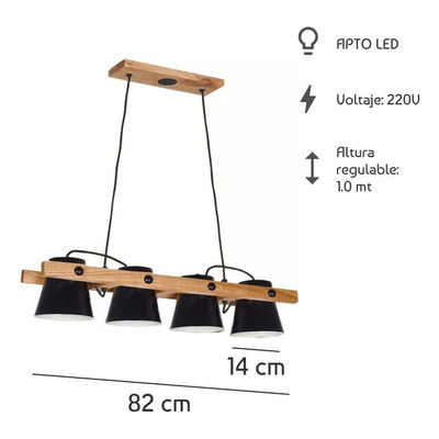 Colgante 4 Luces Madera Campana Negro Apto Led Deco Cx