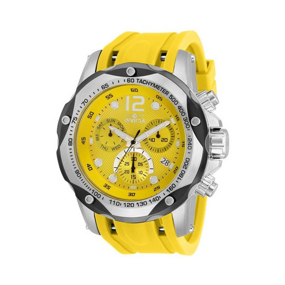 Reloj pulsera Invicta Speedway 33962 de cuerpo color plateado, analógico, para hombre, fondo amarillo, con correa de silicona color amarillo, agujas color plateado y blanco y negro, dial blanco y plat