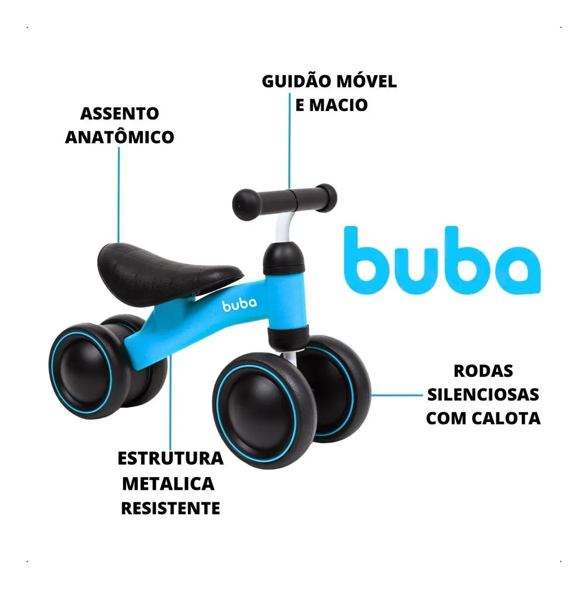 Bicicleta De Equilíbrio 4 Rodas Buba Infantil Sem Pedal Cor Azul - Imagem 5