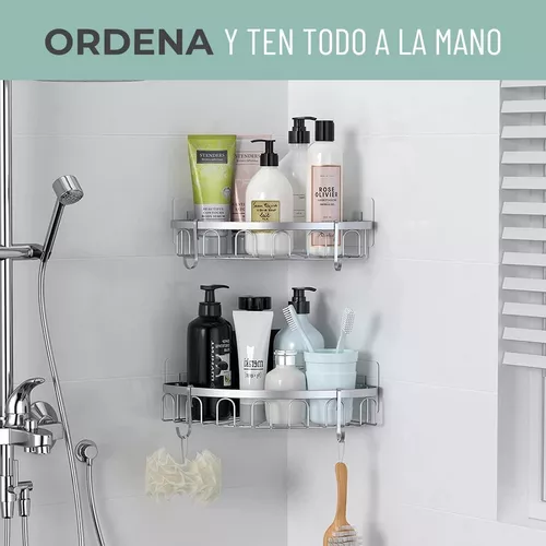 Organizador de Baño Adhesivo Repisa de Ducha con Ganchos Set x2