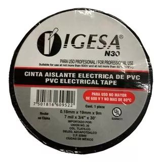 10 Cinta Eléctrica Aislante De Pvc 19mm 9 Mts Igesa Chica Color Negro Liso