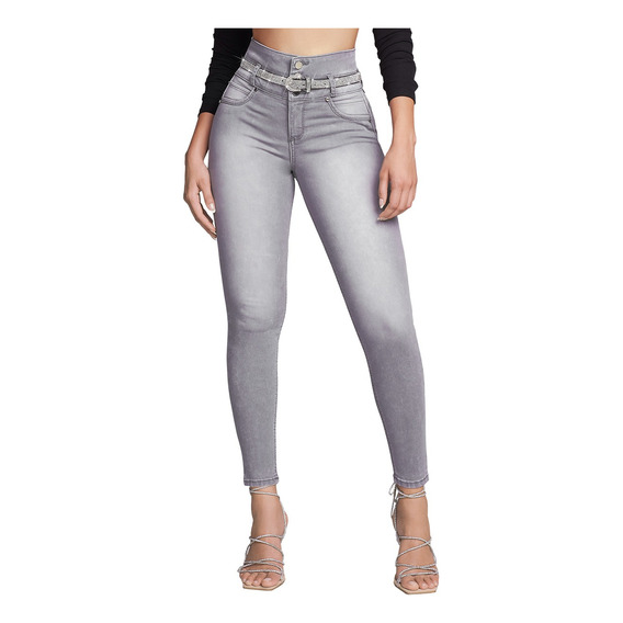 Pantalón Mezclilla Mujer Seven Cintura Alta Push Up Gris