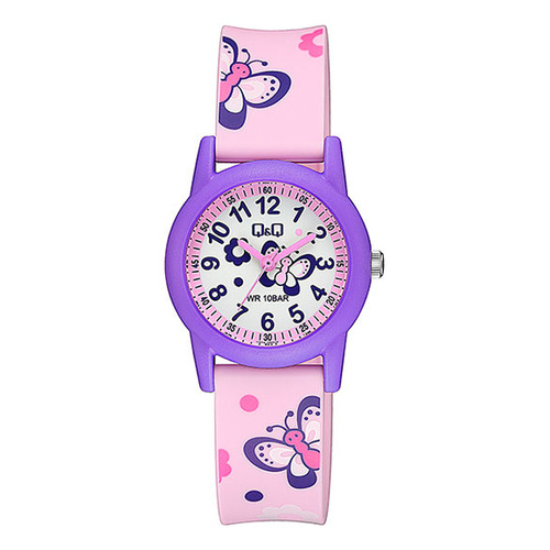 Reloj Infantil Q&q V22a-009vy Manecillas Mariposa Rosa Lila Color de la correa Rosa claro Color del bisel Morado Color del fondo Blanco