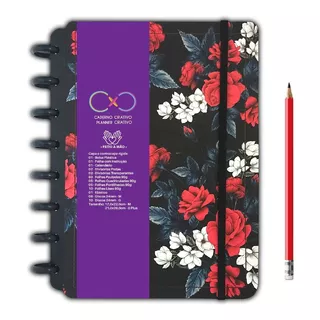 Caderno Criativo Médio Flowers Red Discos Pretos A5 Flores