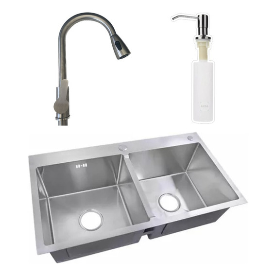 Pileta Doble Cocina 304 + Grifería + Dispensador Jabón Acra