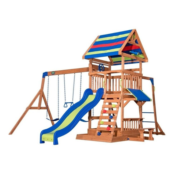 Juego Infantil De Madera Exterior. Columpio Y Resbaladilla