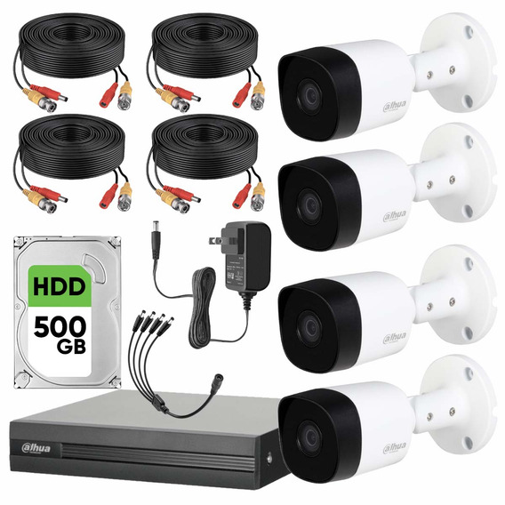 Dahua Kit Video Vigilancia 4 Cámaras 1 Mp + Disco Duro 500 Gb Kit de Circuito Cerrado con Accesorios Incluidos Cámaras de Seguridad con Detección de Movimiento