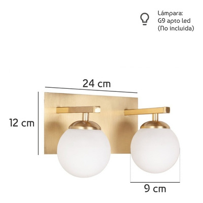 Aplique 2 Luces Elyn Dorado Globo Opal Apto Led G9 Deco