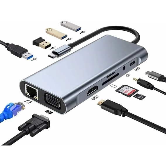 Adaptador Hub Usb C 10 En 1 Hdmi Rj45 Vga Sd Windows Macbook