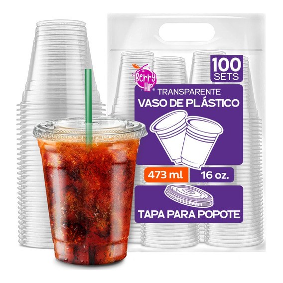 100 Vasos Desechables De Plástico Con Tapa Para Popote 16 Oz