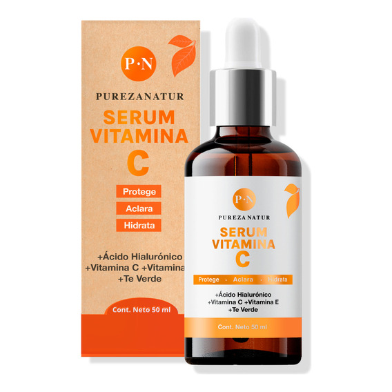 Pureza Natur Serum Vitamina C y Acido Hialuronico y Vitamina E y Té verde Antiedad e Hidratante para Tipo De Piel 50ml