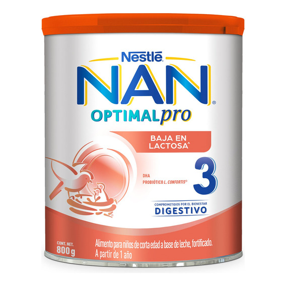 Leche de fórmula en polvo Nestlé Nan Optipro 3 Baja en Lactosa en lata de 1 de 800g - 12 meses a 3 años