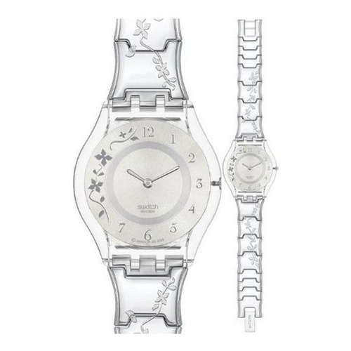 Reloj pulsera Swatch SFK300G de cuerpo color transparente, análogo, para mujer, fondo plateado, con correa de acero inoxidable color plateado y hebilla de gancho
