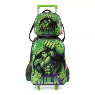  Mochila E Lancheira Escolar Rodinhas Marvel Avengers Hulk P