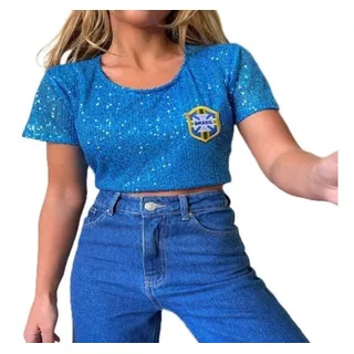 Cropped Blusinha Feminina Do Brasil Blogueira Copa Brilhante