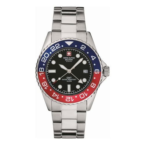 Reloj Swiss Alpine Military Master Diver Gmt 7052.1131sam Malla Plateado Bisel Azul Y Rojo Fondo Negro