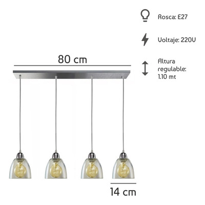 Colgante 4 Luces Vidrio Transparente Vintage 15cm Apto Led