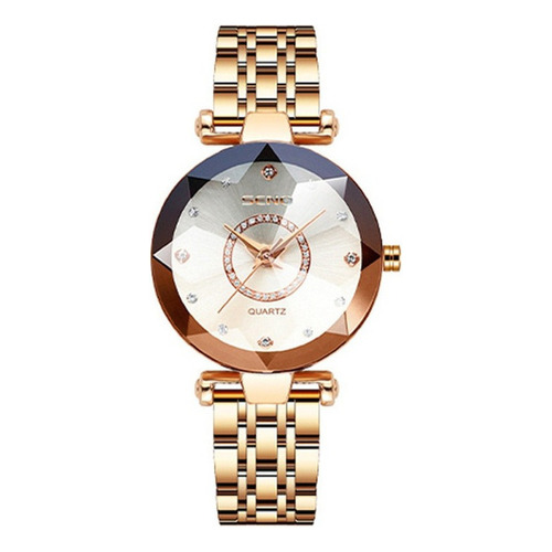 Reloj Impermeable Poligonal Con Esfera Diamante Para Mujer Color De La Correa Oro Rosa Color Del Bisel Oro Rosado Color Del Fondo Blanco