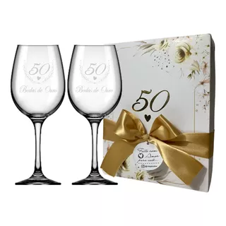 Kit Bodas De Ouro 50 Anos / Caixa + 2 Taças Vidro Para Vinho