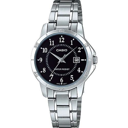 Reloj Casio Ltpv004 Mujer Fondo Negro *watchsalas* Full Correa Plateado Bisel Plateado Fondo Negro LTP-V004D-1B