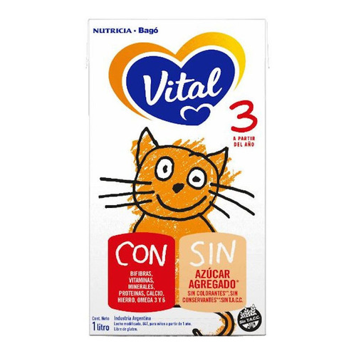 Leche de fórmula líquida sin TACC Nutricia Bagó Vital 3 en brick de 6 de 1L - 12 meses a 2 años