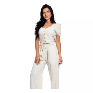 Kit Calça Pantalona Wide Leg Linho + Cropped De Manga Lastex