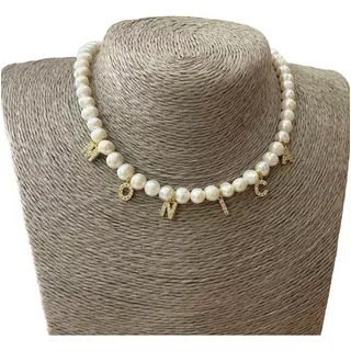 Collar Personalizado Nombre Perlas De Río Baño Oro Zirconias