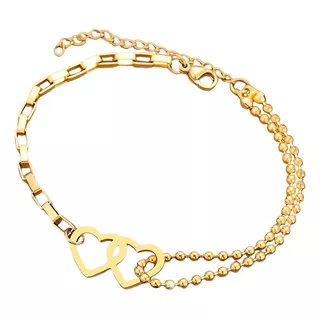 Pulsera De Tobillo Mujer Corazón Doble De Acero Dorado Pie