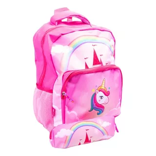 Combo Mochila + Cartuchera Escolar Unicornio Castillo Nena