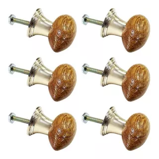 6 Puxador De Madeira Para Moveis Cerejeira E Dourado Oval